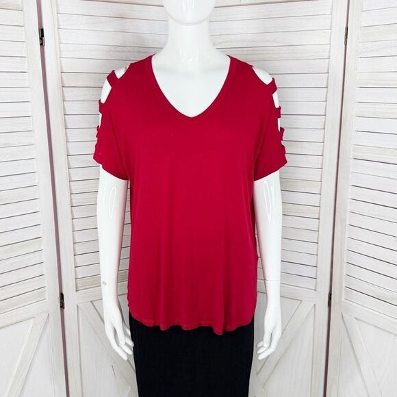 Bobeau Ladder Cutouts Short Sleeve T Shirt Red Small Cold Shoulder - Picture 1 of 12